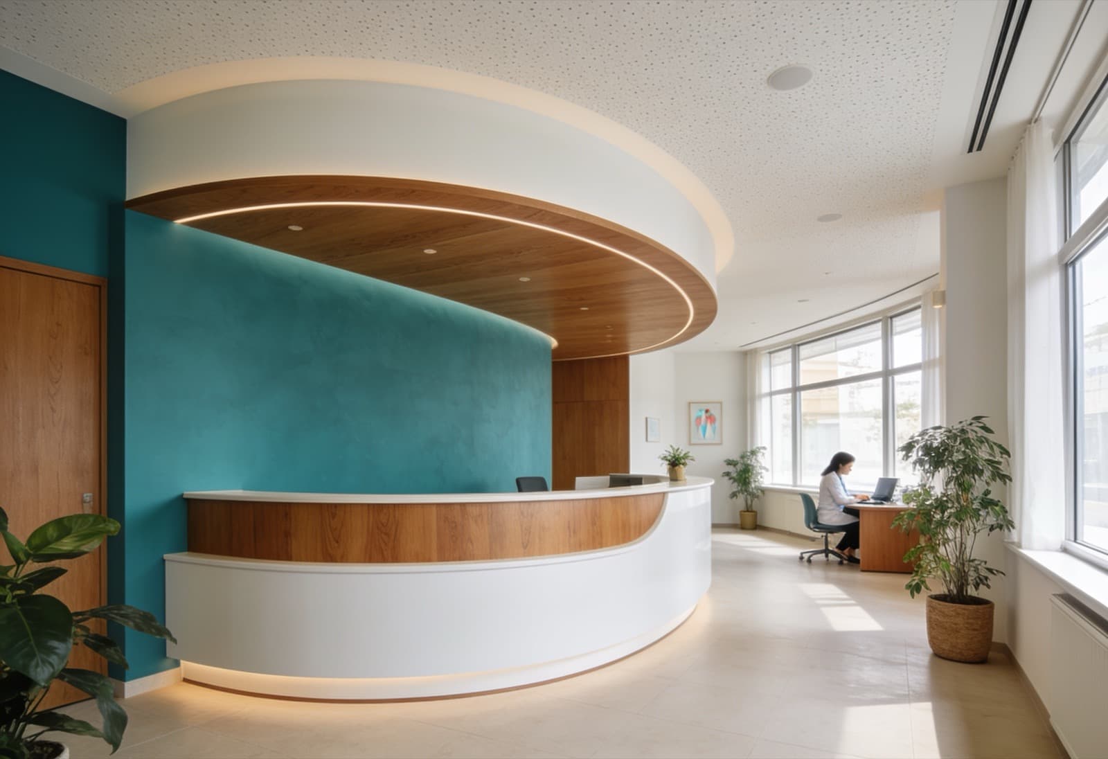 Recepción moderna y elegante de una clínica dental, con mostrador curvo blanco, madera cálida y una pared teal