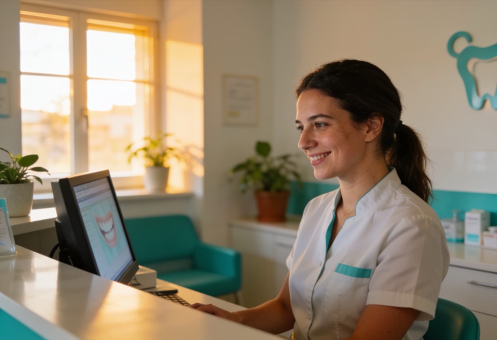 Recepcionista de una clínica dental sonriendo relajada frente a su pantalla, en una recepción moderna y tranquila